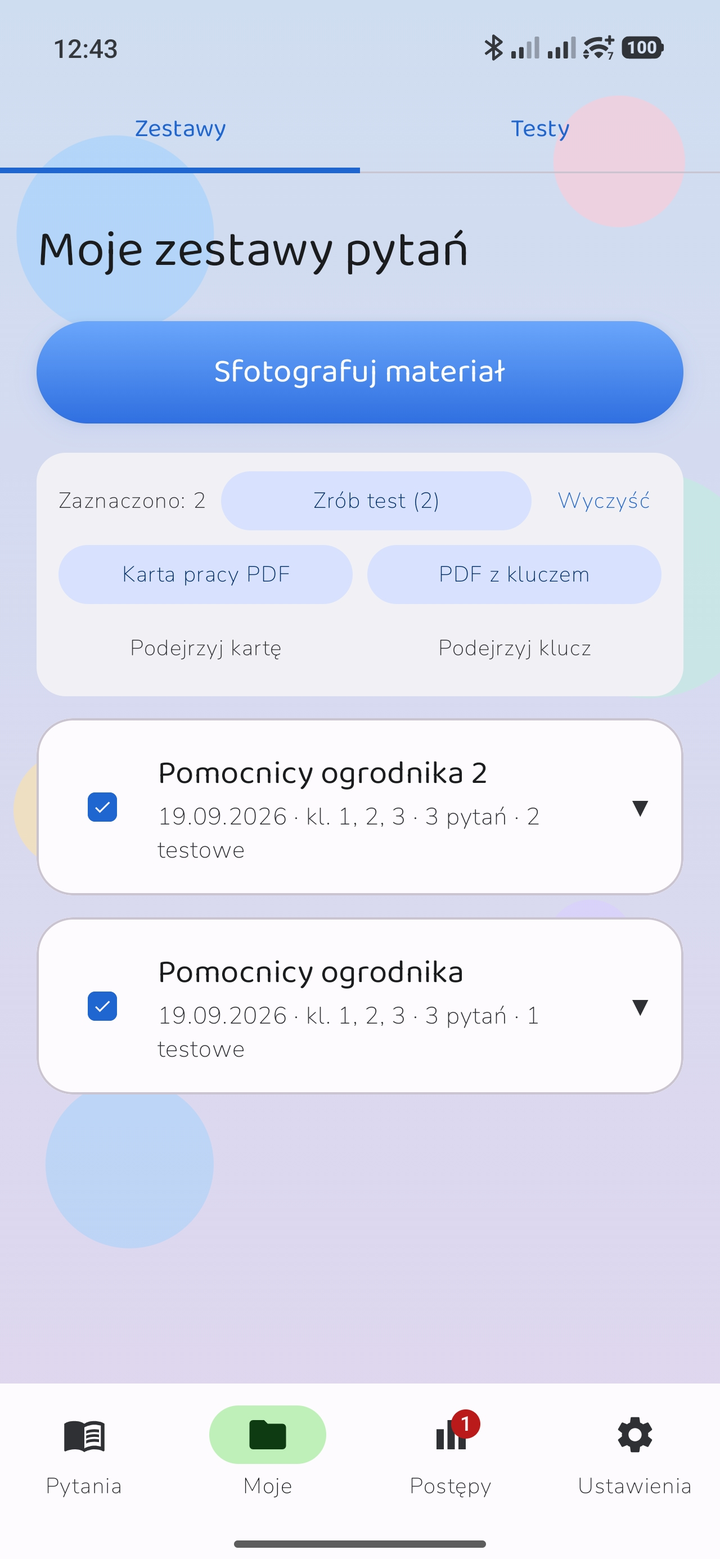 Dwa zaznaczone zestawy i przycisk Zrób test