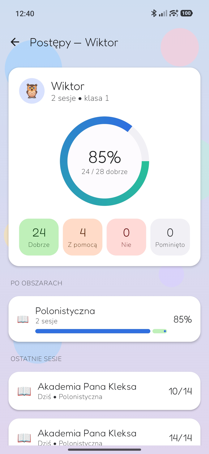 Ekran postępów dziecka