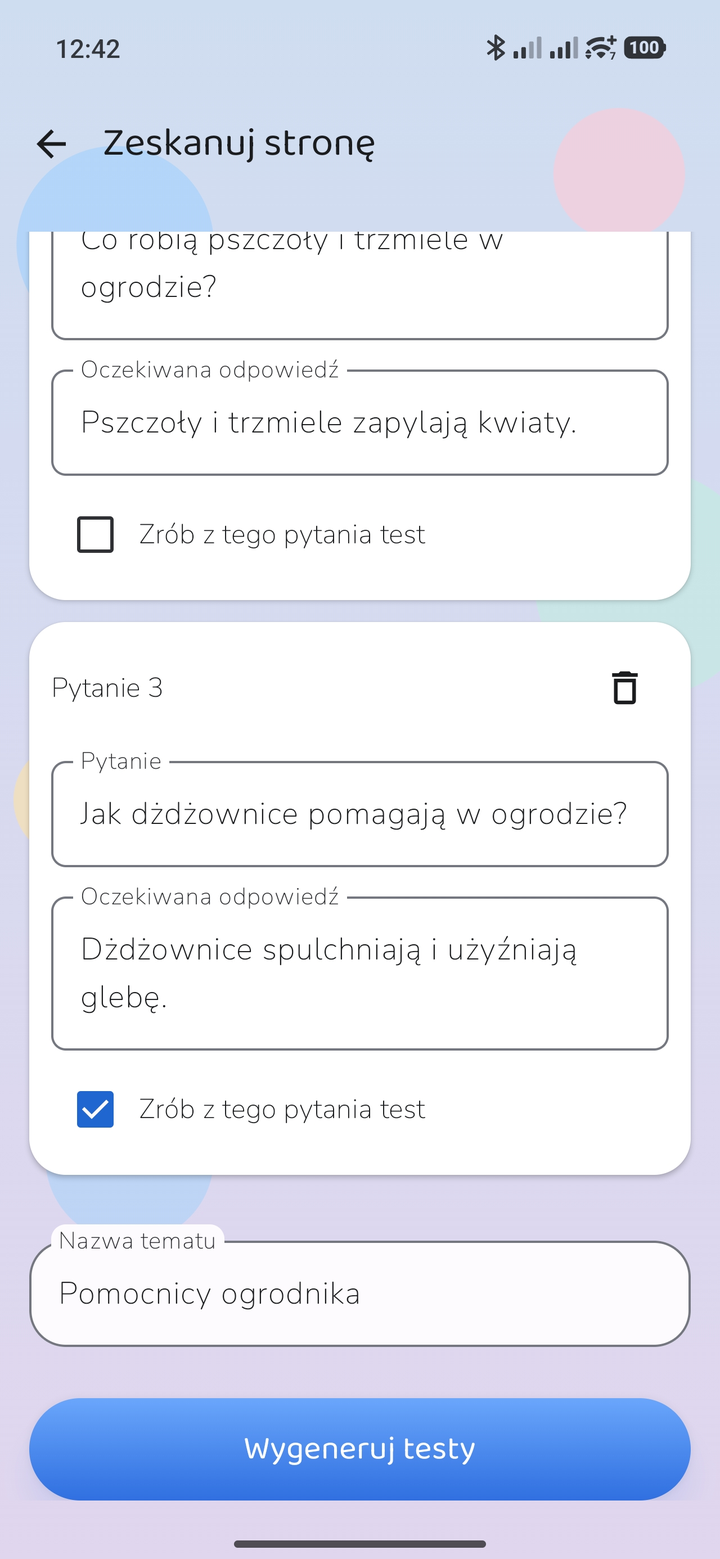 Edycja pytań po skanowaniu, opcja zamiany na pytanie testowe