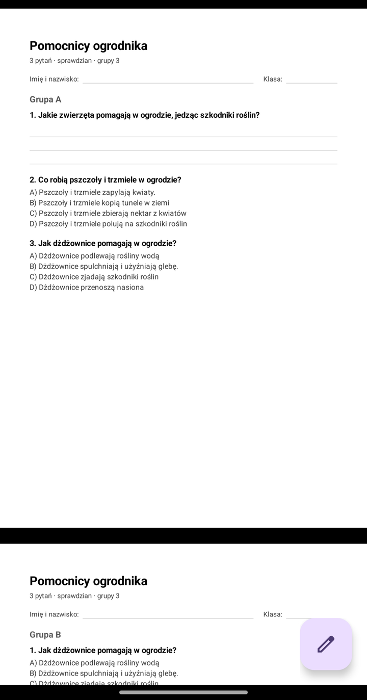 Gotowy sprawdzian PDF z grupami A i B