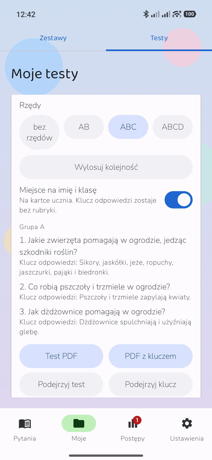 Ekran gotowego testu z wyborem rzędów i kluczem odpowiedzi