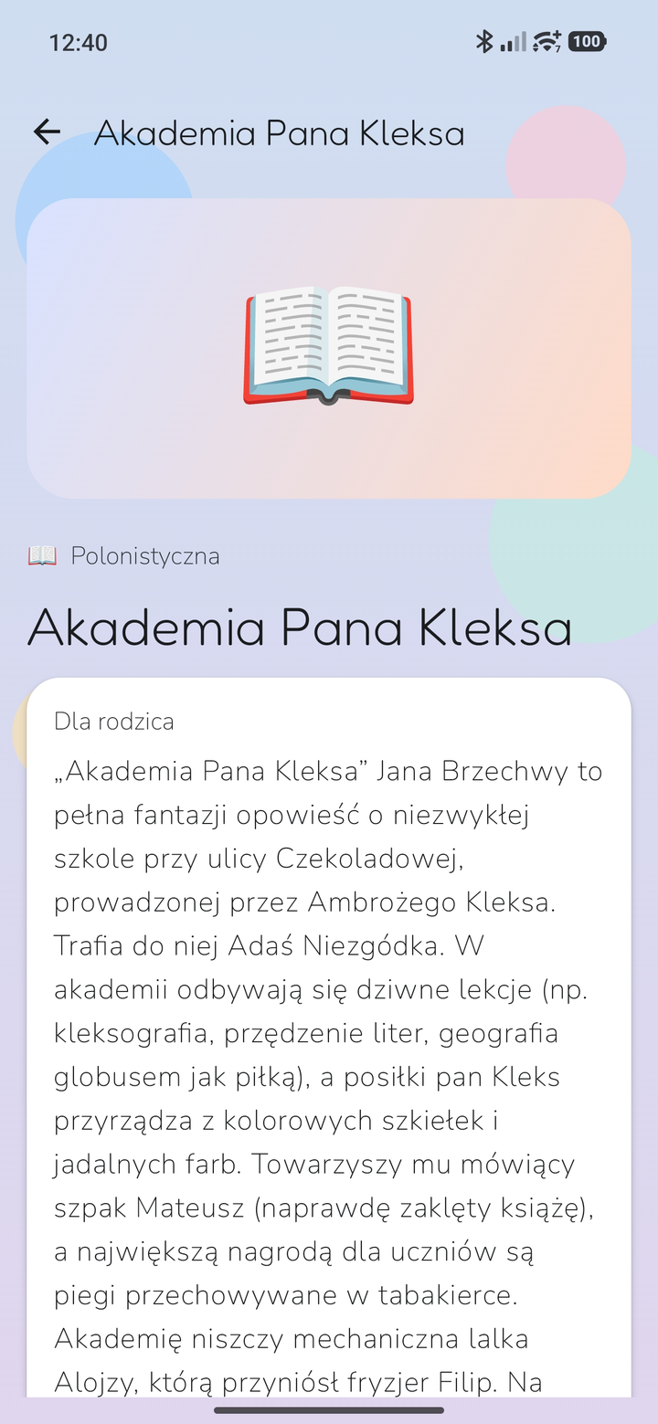 Szczegóły lektury z notką dla rodzica